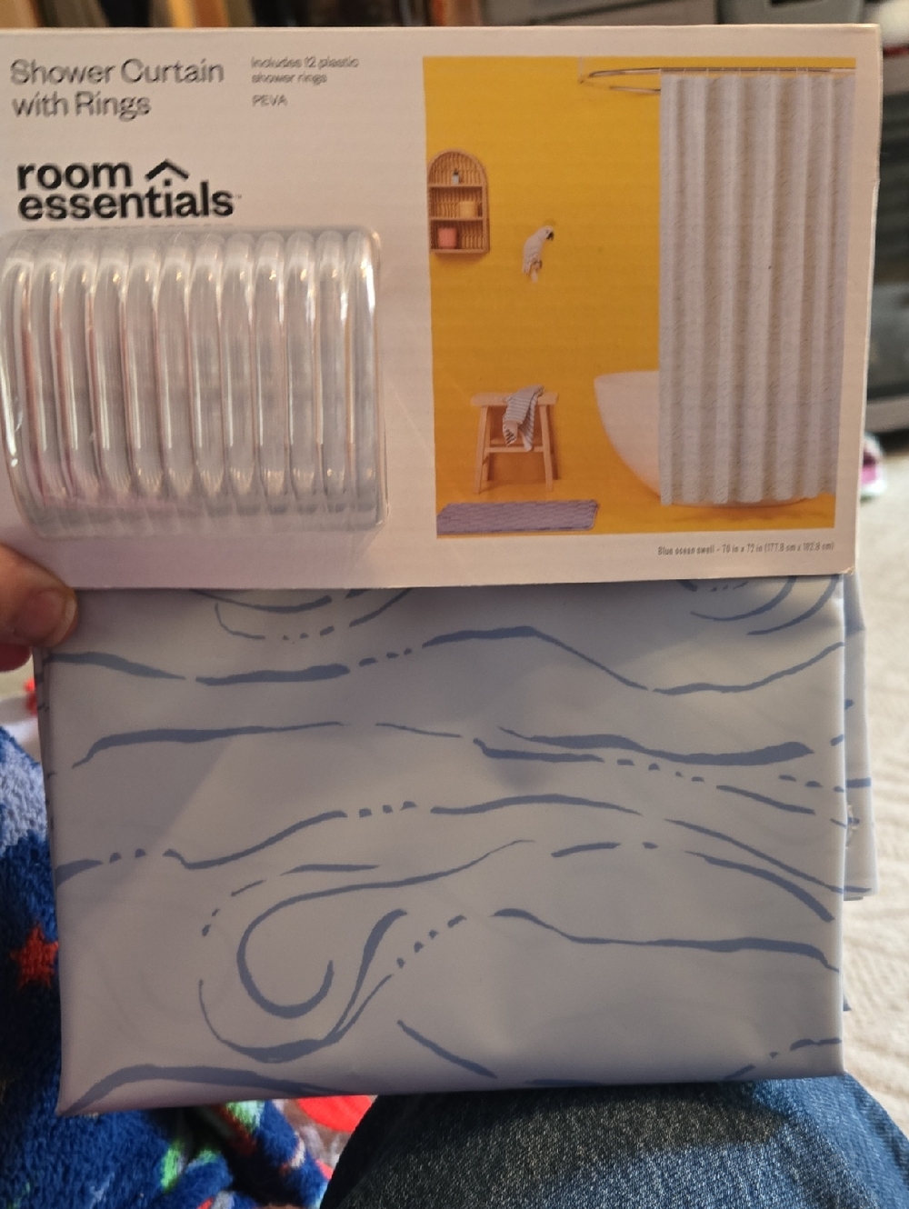 Room Essentials Light Blue Wave Pattern Shower Curtain with Rings
